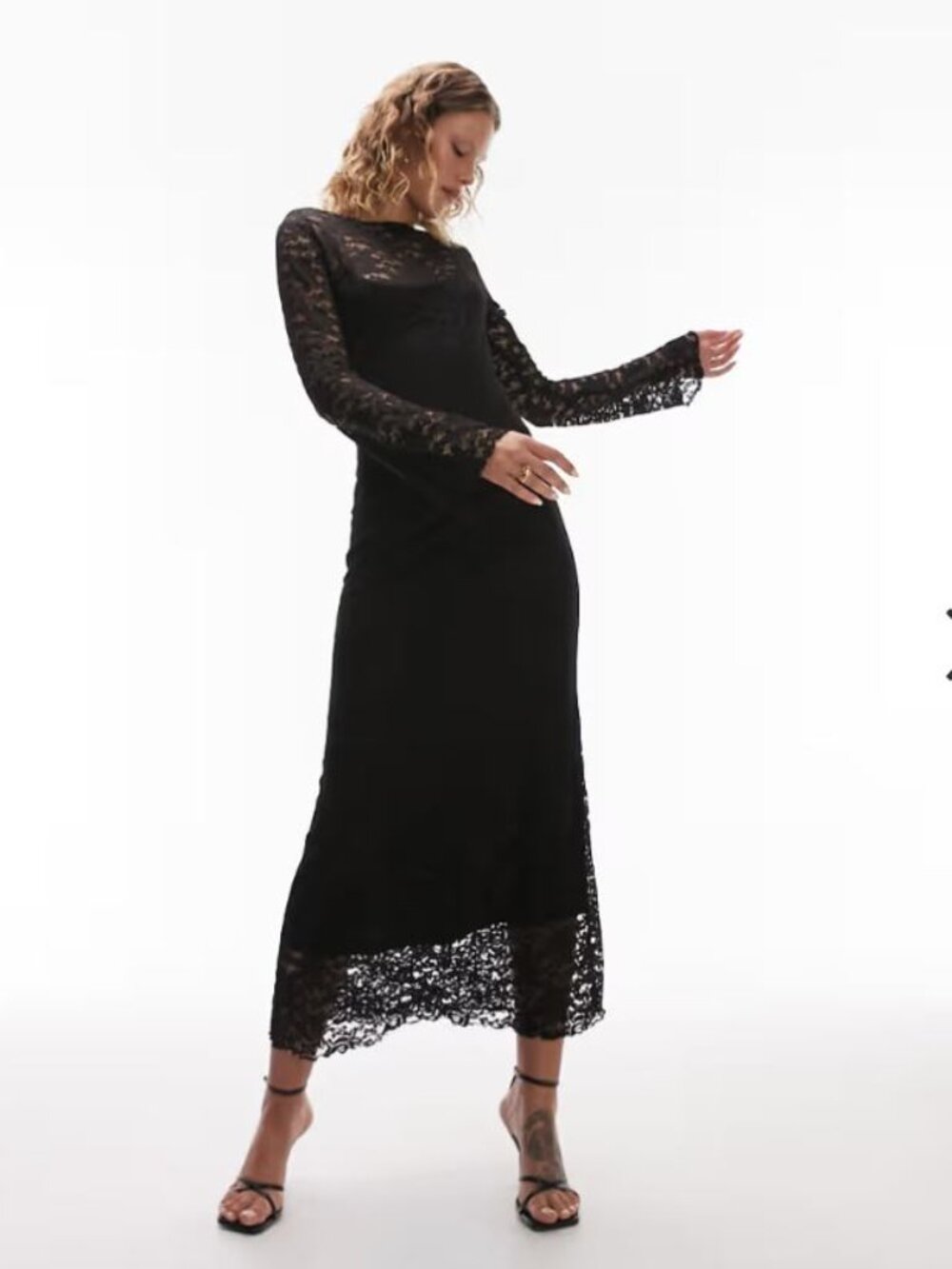 Topshop Black Lace Long Sleeve Maxi Dress, Size L